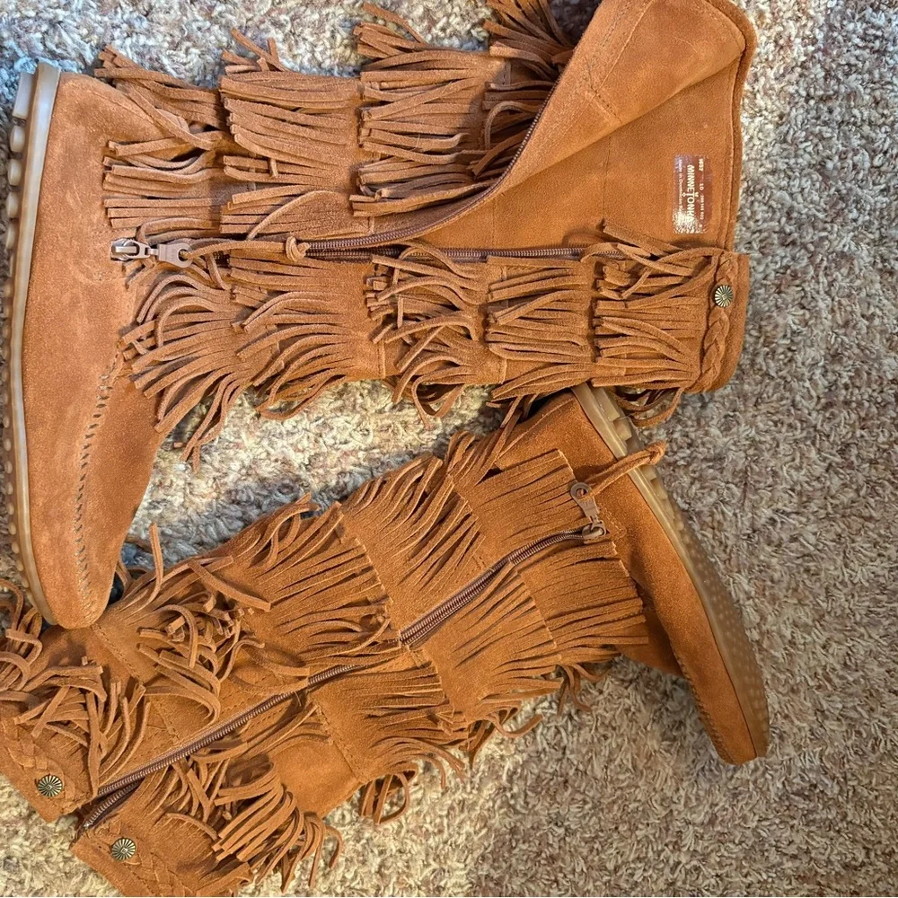 Minnetonka Fringe Suede Knee-High Boots - Brown - Picture 4 of 5